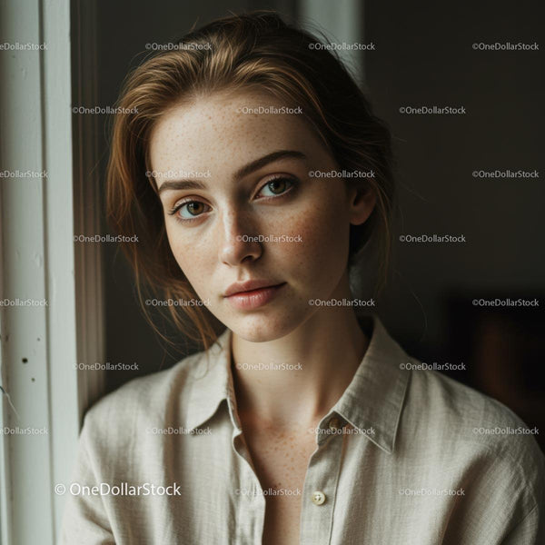 Young Woman with Freckles in Soft Natural Light