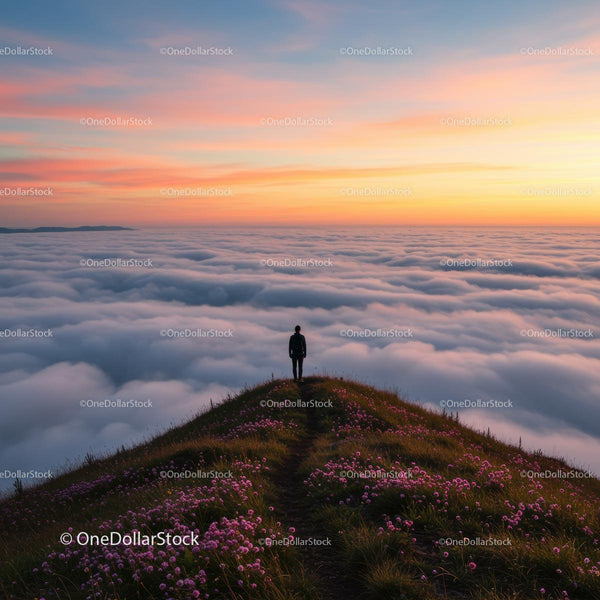 Person on Mountain Top Overlooking Cloud Sea at Sunset