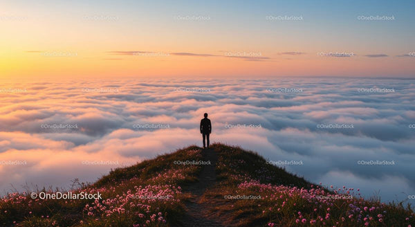 Silhouette on Mountain Overlooking Clouds at Sunset