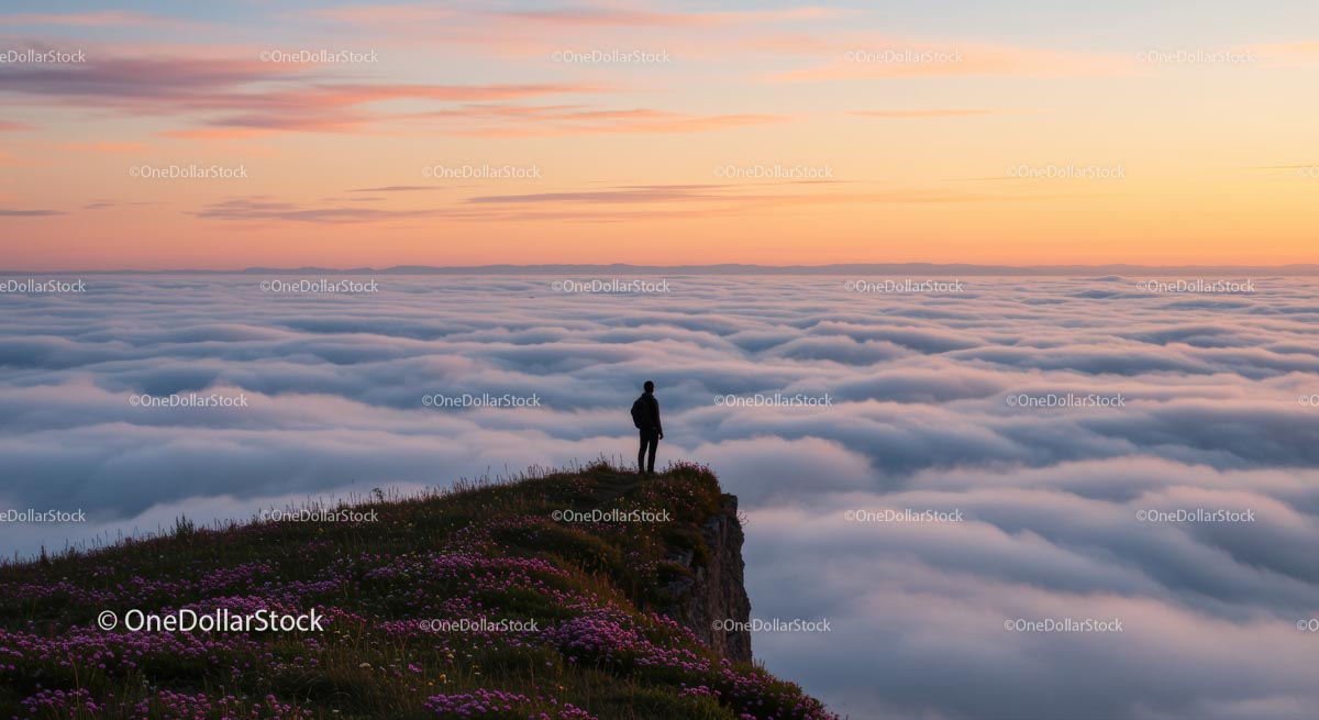 Traveler on a Cliff Overlooking a Sea of Clouds at Sunset