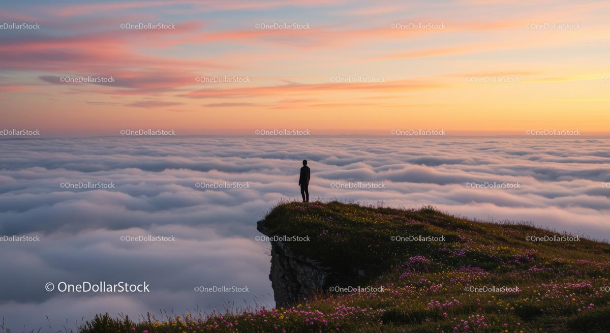 Silhouette on Clifftop Overlooking Cloudy Horizon at Sunset