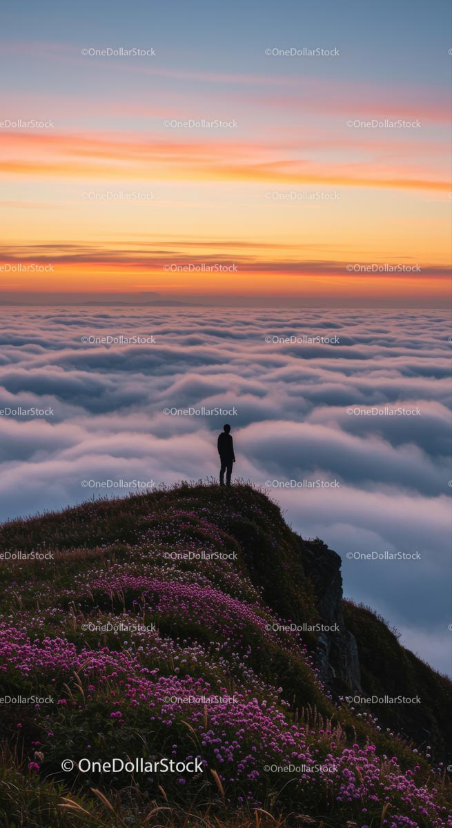 Silhouette on Mountain Overlooking Colorful Sunset Clouds