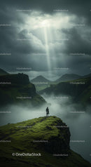 Solitary Figure Standing on Misty Green Cliffs