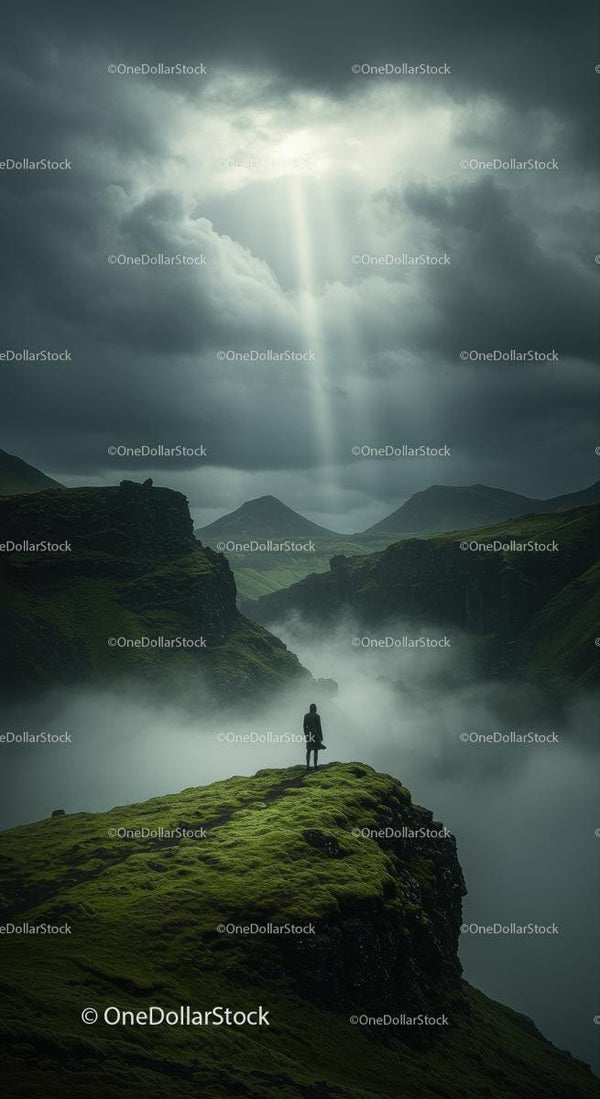Solitary Figure Standing on Misty Green Cliffs