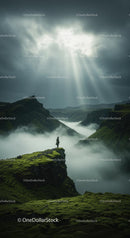 Lone Figure on Moss-Covered Cliff Under Dramatic Sky