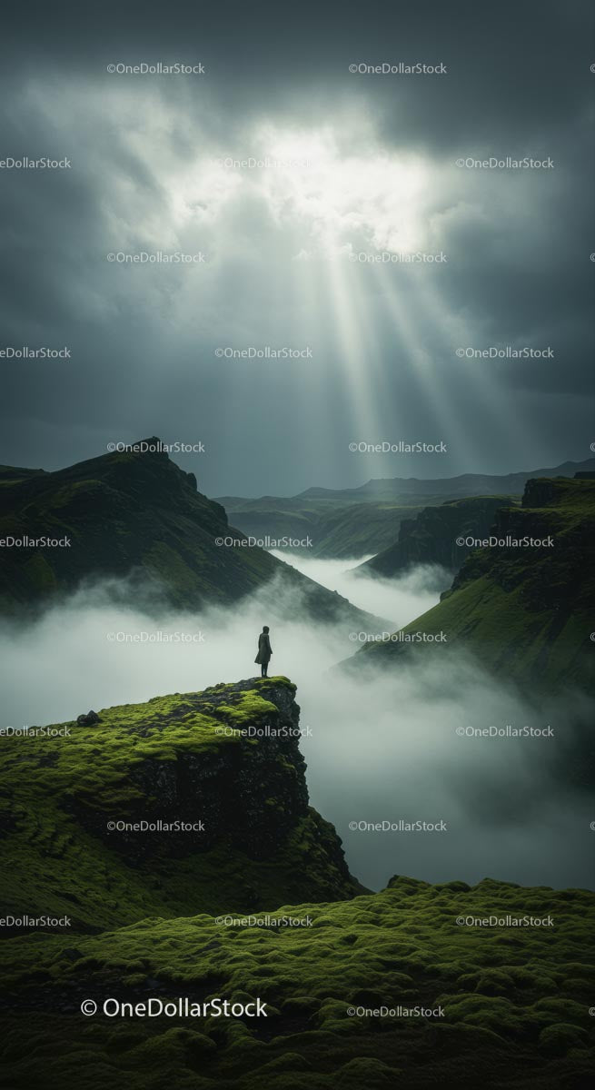 Lone Figure on Moss-Covered Cliff Under Dramatic Sky