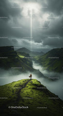 Solitary Hiker in Misty Green Mountain Landscape