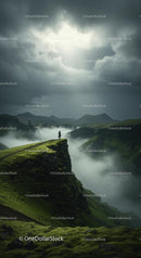 Mystical Green Cliffs in a Foggy Mountain Landscape
