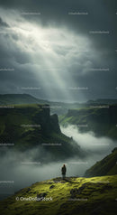 Solitary Figure Overlooking Misty Green Valleys