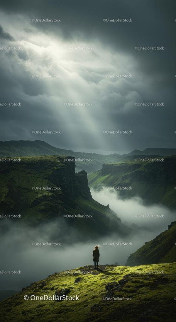 Solitary Figure Overlooking Misty Green Valleys