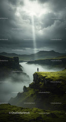 Lone Figure Standing on Mossy Cliff in Dramatic Landscape