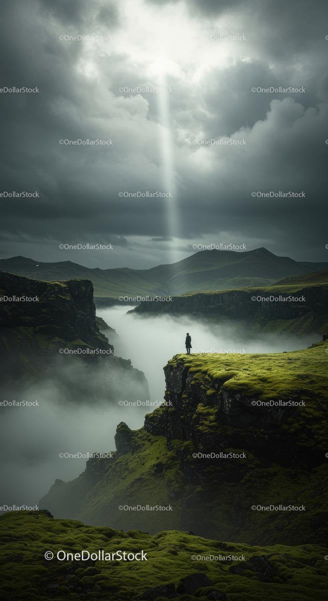 Lone Figure Standing on Mossy Cliff in Dramatic Landscape