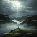 Lone Explorer Amidst Misty Mountain Range with Sunbeam