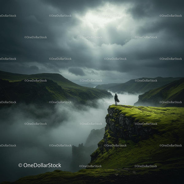 Solitary Figure on Cliff Overlooking Mystical Foggy Valley