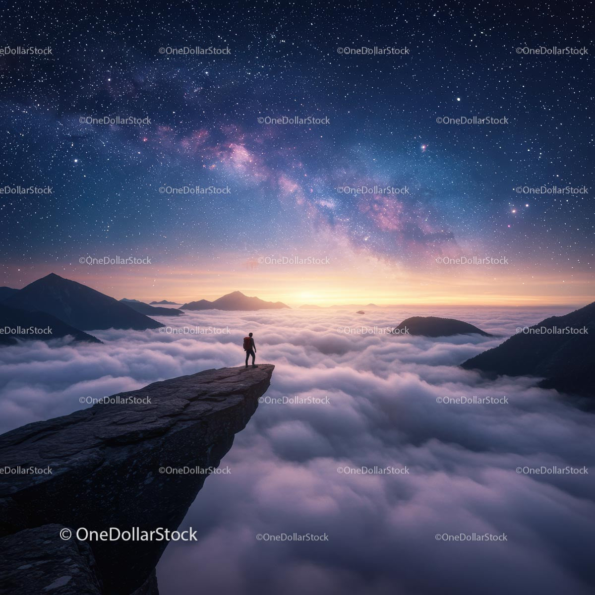 Person Standing on Cliff Under Milky Way and Starry Sky