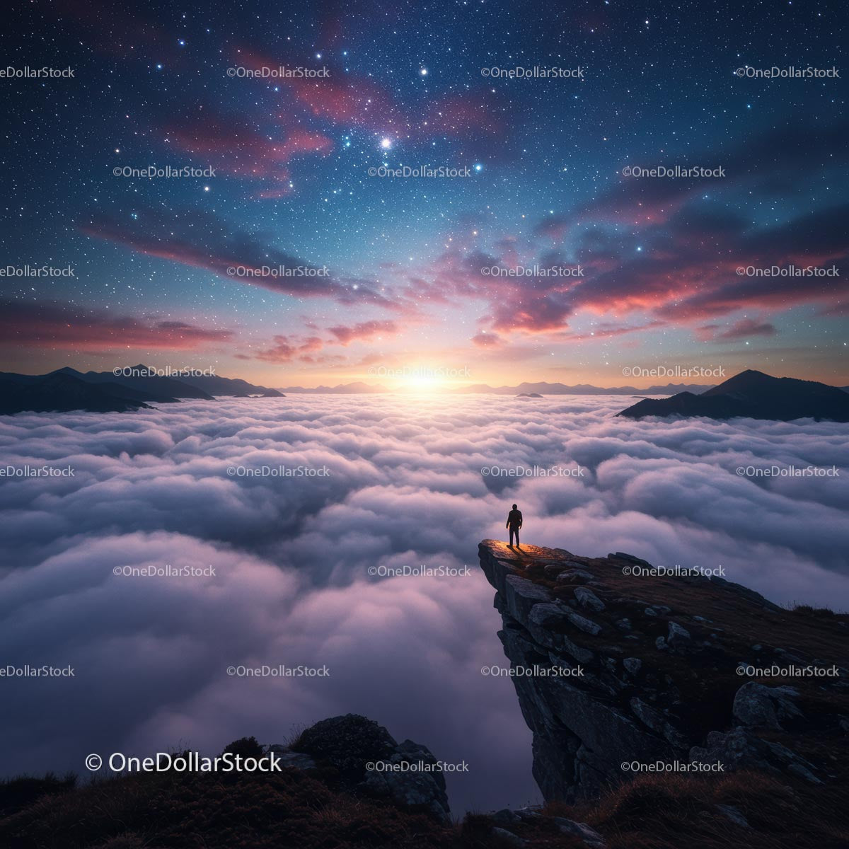 Man Standing on Mountain Peak at Sunrise Over Clouds