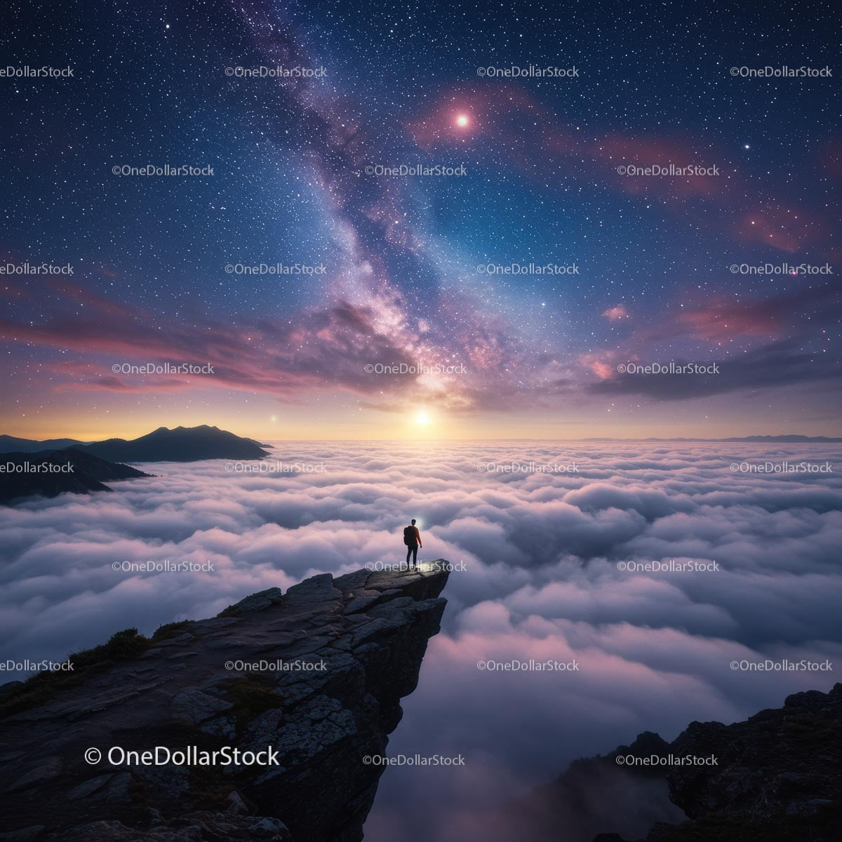 Silhouette on Cliff Overlooking Cloudscape and Starry Milky Way