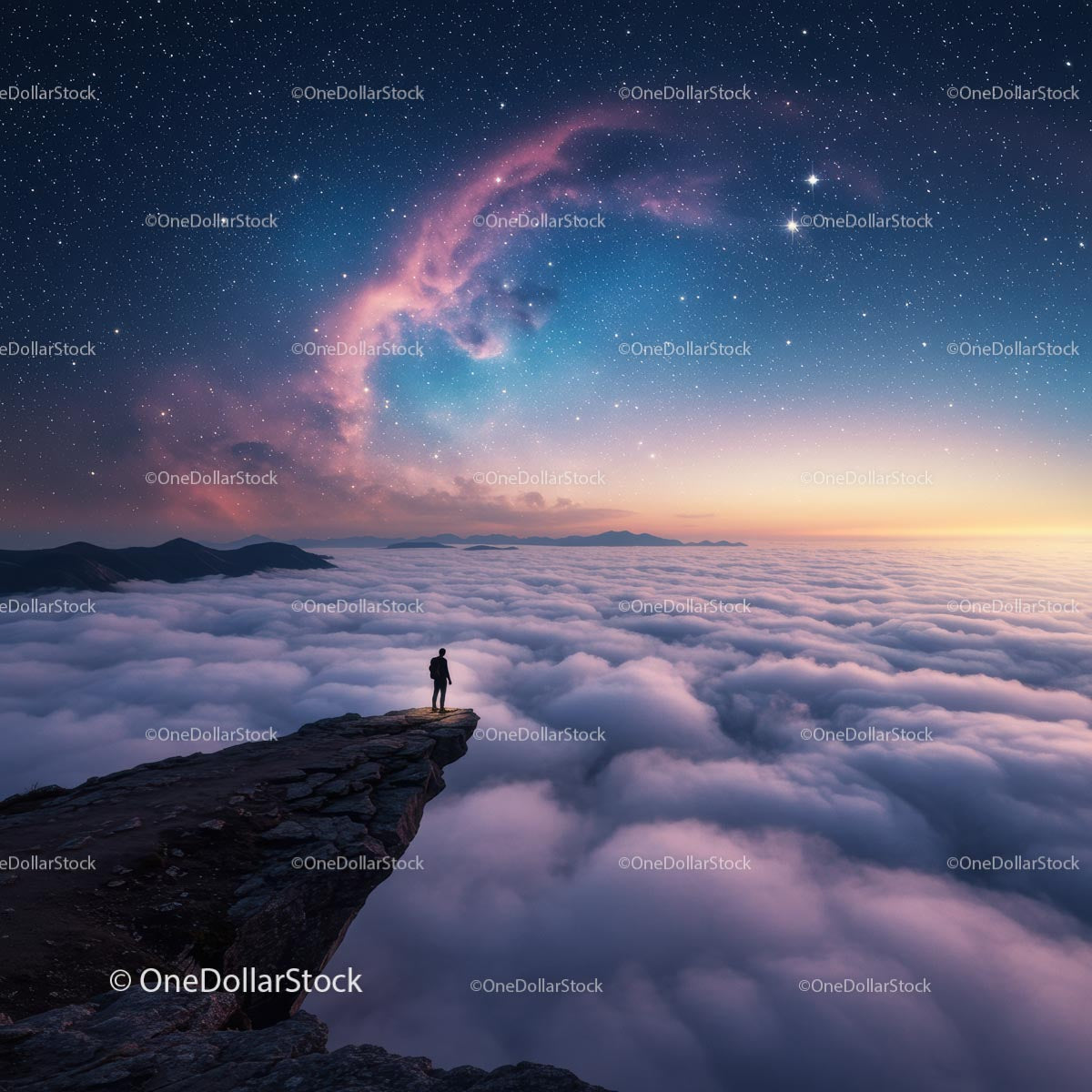 Silhouette on Mountain Peak Under Starry Sky