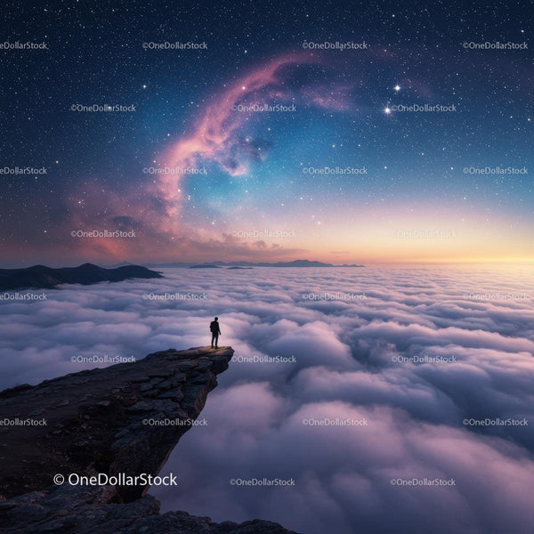 Silhouette on Mountain Peak Under Starry Sky
