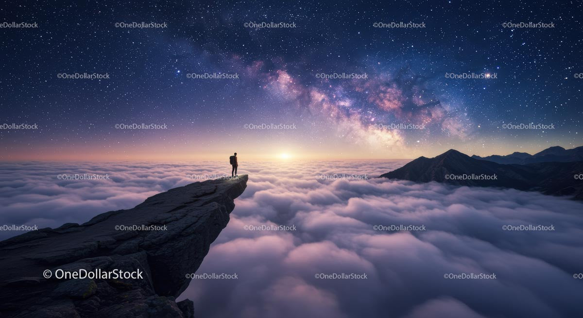 Man Standing on Cliff Edge Under Starry Milky Way Sky