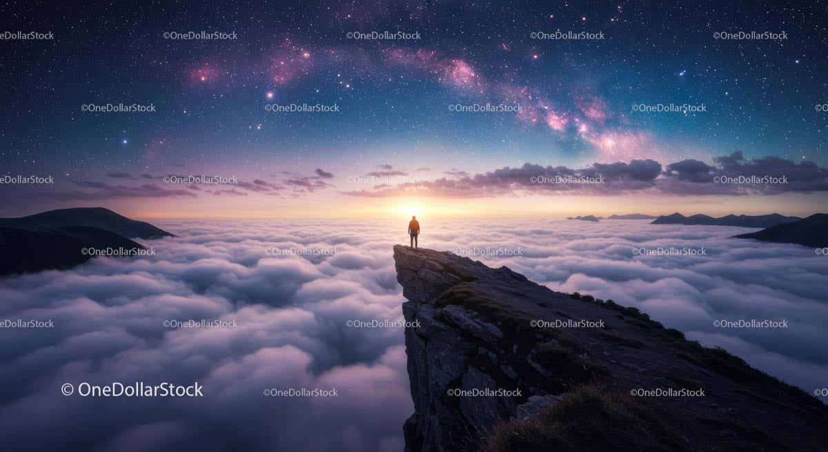 Person on Mountain Peak Under Starry Night Sky