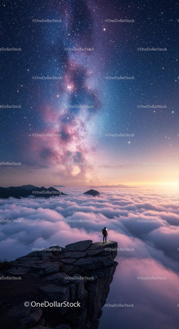 Milky Way Over Hiker on Cliff at Night
