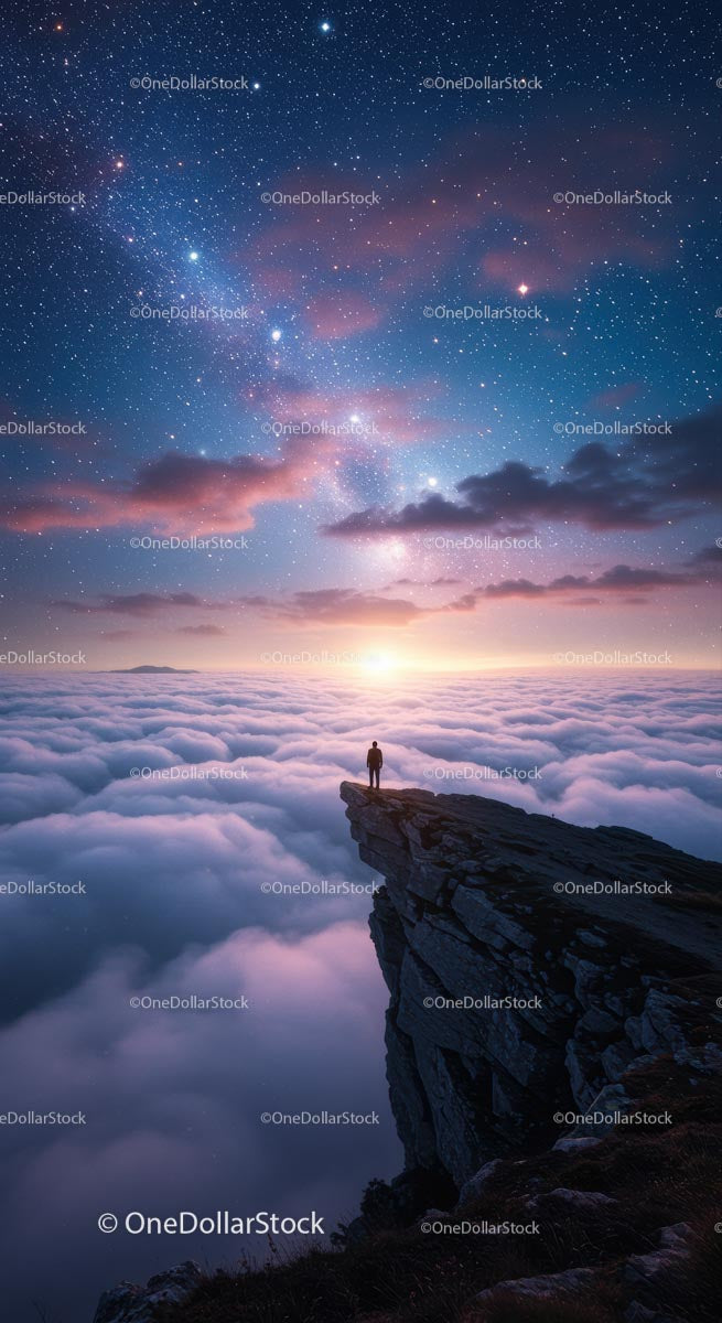 Silhouette on Mountain Peak Under Starry Sky at Sunrise