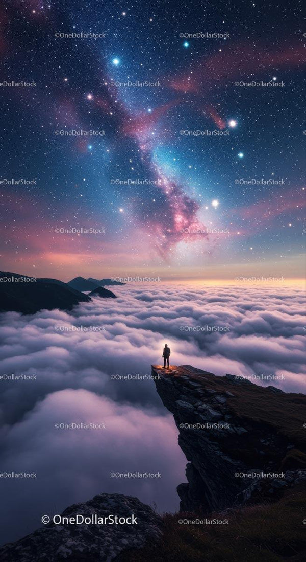 Person Standing on Cliff Under Starry Night Sky