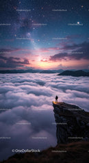 Adventurer on Mountain Peak Under Starry Night Sky