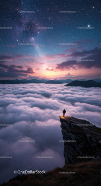 Adventurer on Mountain Peak Under Starry Night Sky