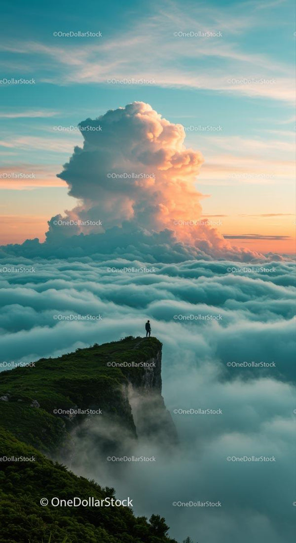 Lone Adventurer on Mountain Peak Above Clouds at Sunset