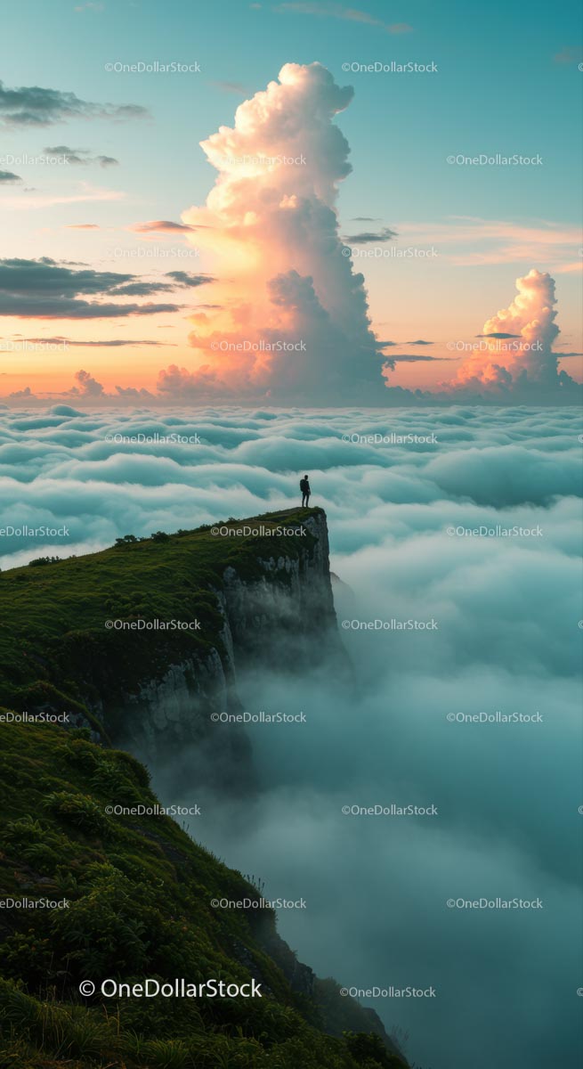 Man Standing on Cliff Edge Above Clouds at Sunrise