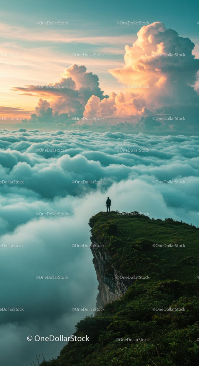 Person Standing on Cliff at Sunrise Amidst Majestic Clouds