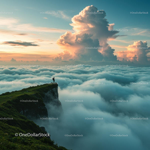 Man Standing on Cliff Edge Above Misty Clouds at Sunrise