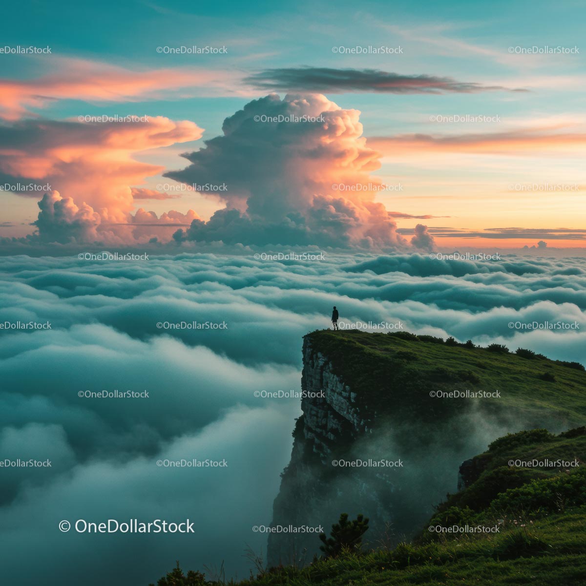 Solo Explorer on Edge of Mountain at Vibrant Sunset