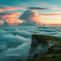 Solo Explorer on Edge of Mountain at Vibrant Sunset