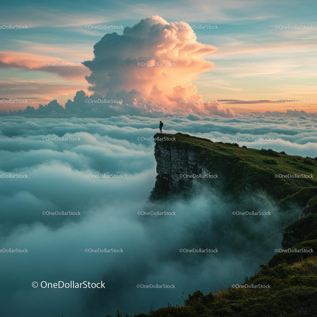 Hiker Standing on a Mountain Cliff Above a Sea of Clouds