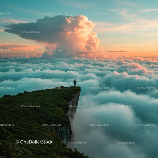 Dramatic Clouds at Sunset Above Mountain Cliff