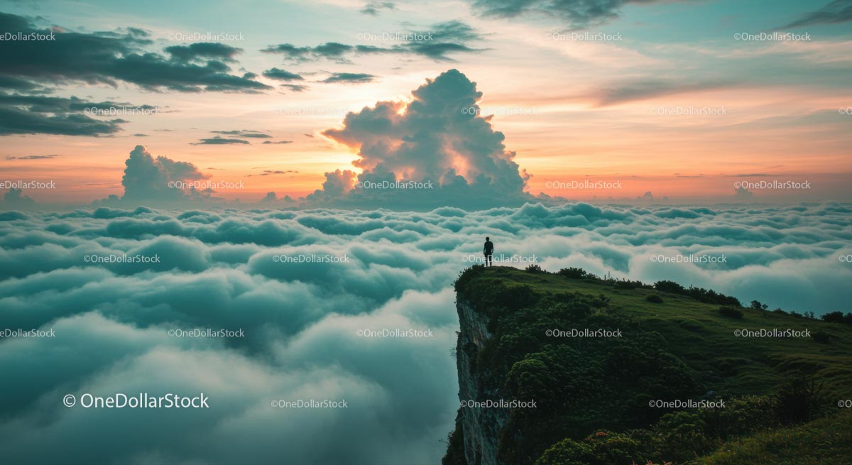Traveler on Cliff Overlooking Clouds at Sunset