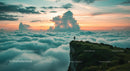 Traveler on Cliff Overlooking Clouds at Sunset