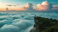Solitary Figure on Mountain Overlooking Ocean of Clouds