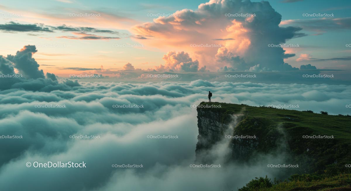 Solitary Figure Overlooking a Sea of Clouds at Sunset
