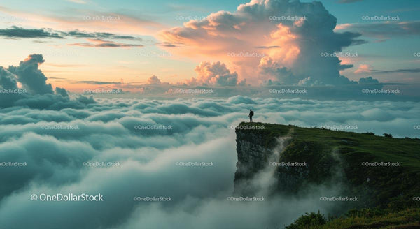 Solitary Figure Overlooking a Sea of Clouds at Sunset