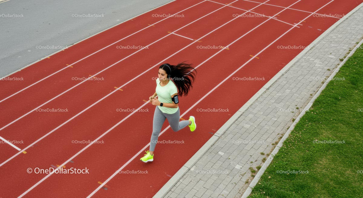 Kobieta biegnąca po czerwonej bieżni w jasnym stroju sportowym