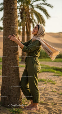 Smiling Woman in Hijab by Palm Tree in Desert Landscape