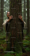 Person Embracing Tree in Serene Forest Setting