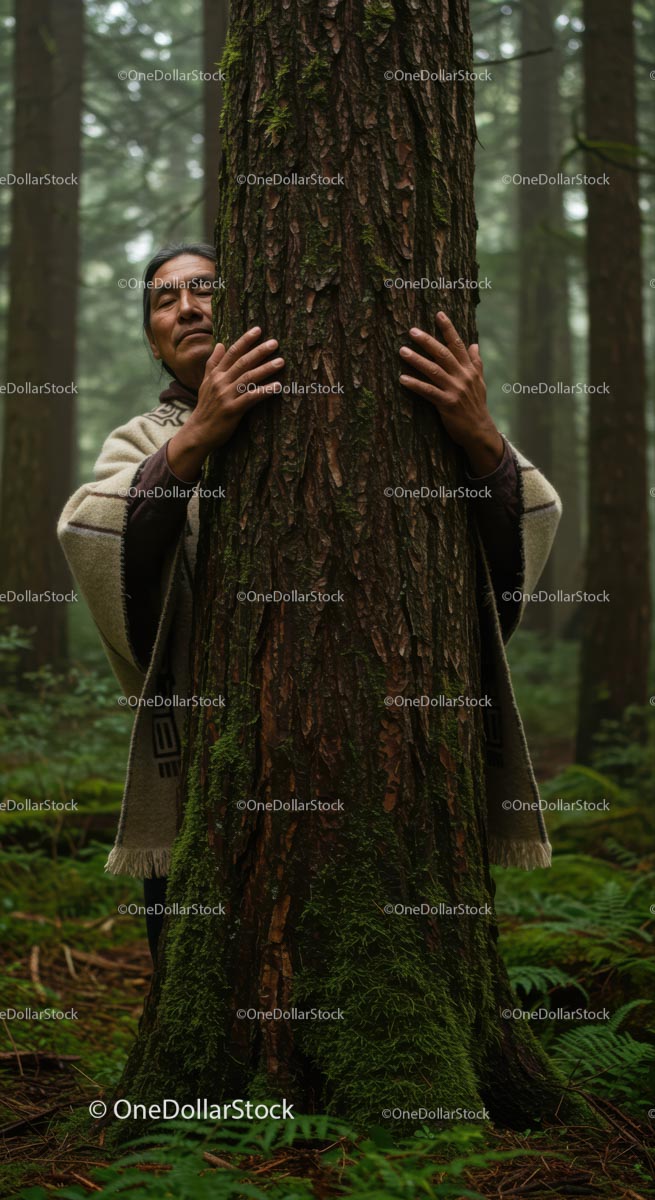 Person Embracing Tree in Serene Forest Setting