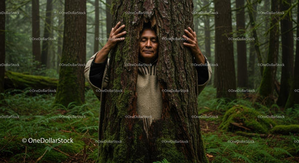 Person Embracing a Tree in a Serene Forest