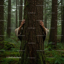 Hands Embracing a Tree in a Tranquil Forest Setting