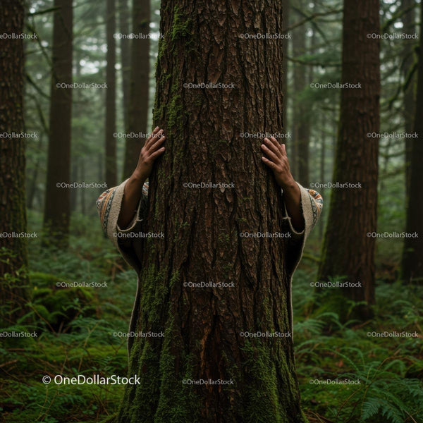 Hands Embracing a Tree in a Tranquil Forest Setting